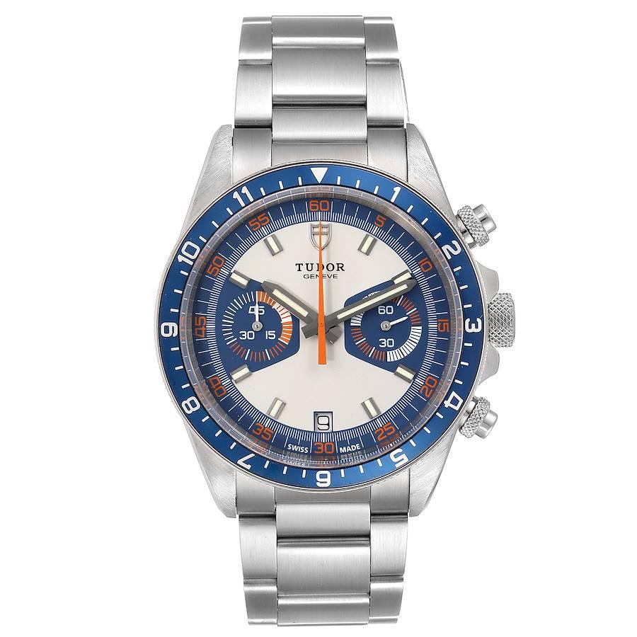 Tudor Heritage Chrono Blue Stainless Steel Mens Watch 70330 Box Card. Automatic self-winding movement with chronograph function. Stainless steel oyster case 42.0 mm in diameter. Crown with the blue lacquered shield and Tudor Logo. Bi-directional
