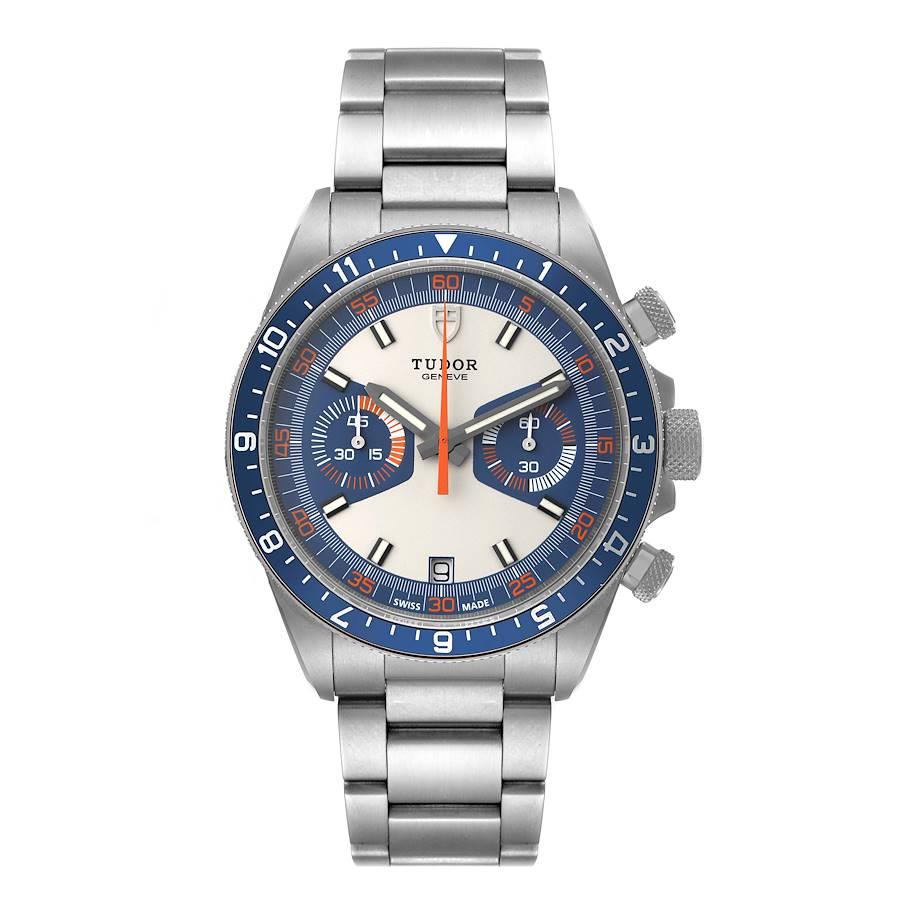 Tudor Heritage Chrono Blue Stainless Steel Mens Watch 70330 Box Card. Automatic self-winding movement with chronograph function. Stainless steel oyster case 42.0 mm in diameter. Crown with the blue lacquered shield and Tudor Logo. Bi-directional
