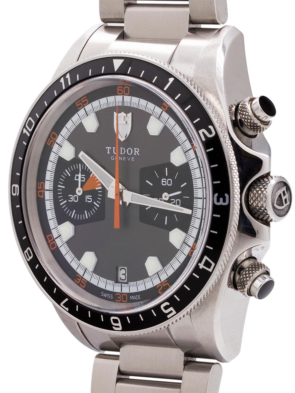 
Tudor Heritage Chrono, the modern reinterpretation of the famous 1972 Tudor Monte Carlo, complete with the beloved “home plate” markers. Like new condition with warranty card dated to May of 2012. Great looking gray dial with black registers and