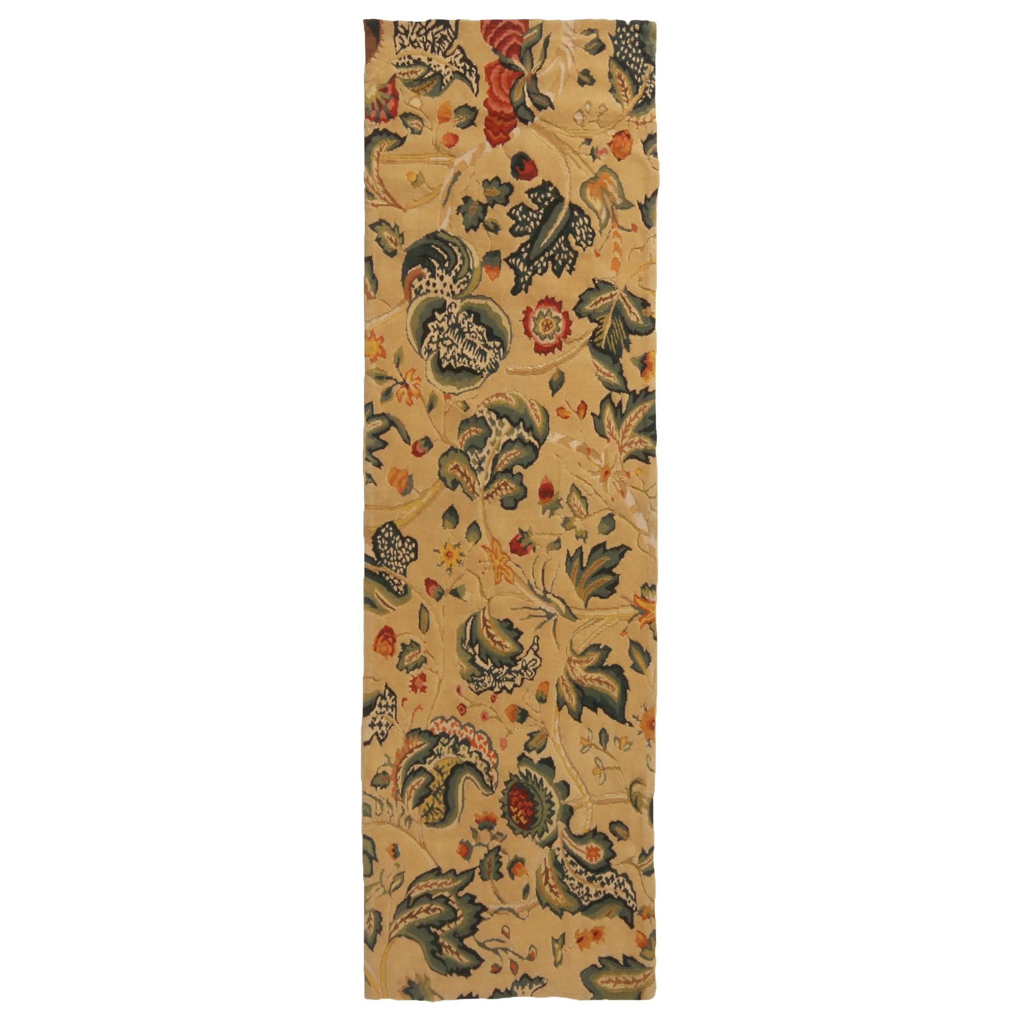 Rug & Kilim's Tudor-Inspired Cream and Green Wool Floral Runner For Sale
