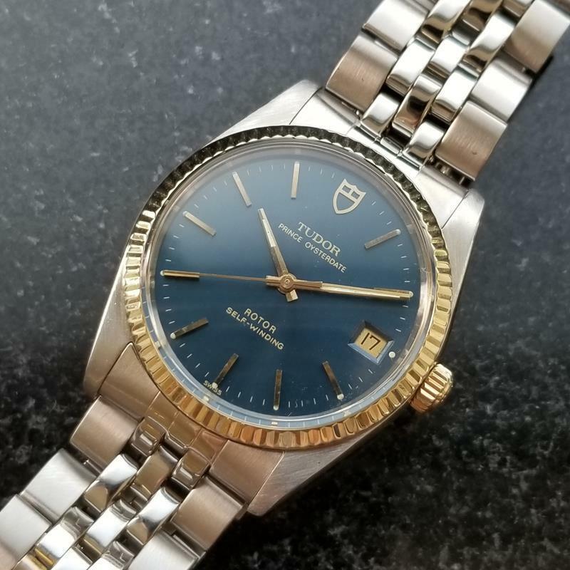 Daily luxury, men's 14K gold and ss Tudor Prince Oysterdate 74033 automatic, c.1992, all original. Verified authentic by a master watchmaker. Stunning blue Tudor dial, applied gold indice hour markers, gold minute and hour hands, sweeping second