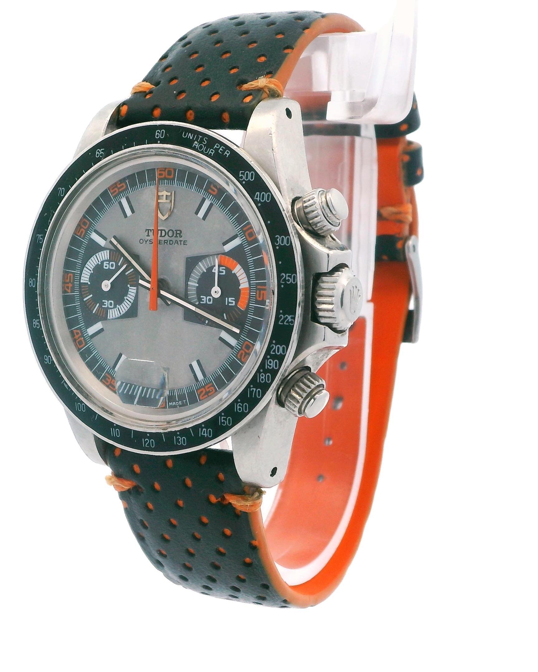 The TUDOR Monte Carlo 7149/0 is a vintage sporty watch that combines functionality with a striking design. It features a round stainless steel case, which houses a vibrant multicolor dial. The dial is enhanced by stick indices and a date indicator,