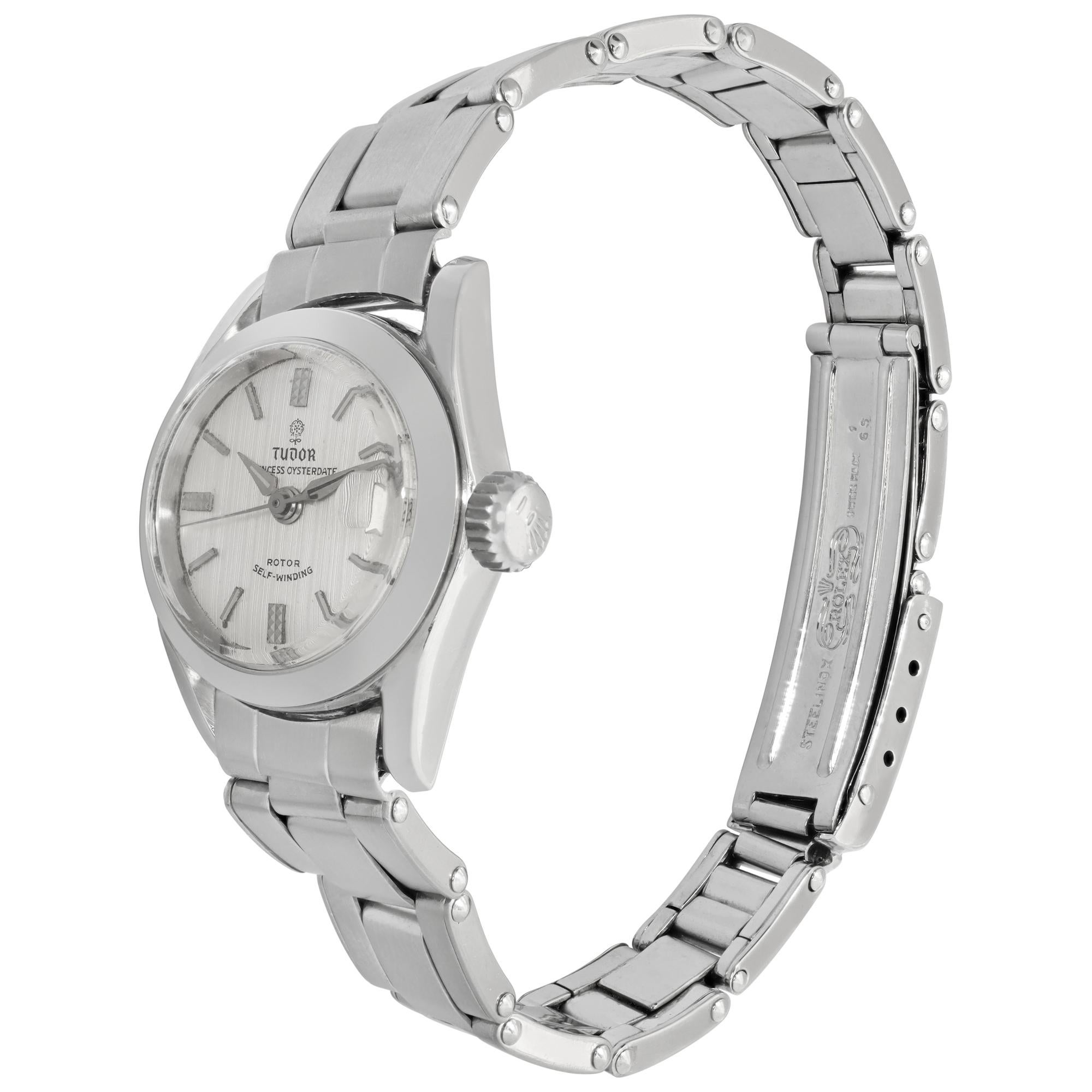 Tudor Princess Oysterdate in stainless steel with fancy bombe lugs. Auto w/ sweep seconds and date. 22 mm case size. Ref 7981. Circa 1965 Fine Pre-owned Tudor Watch.

 Certified preowned Vintage Tudor Oyster Date 7981 watch is made out of Stainless
