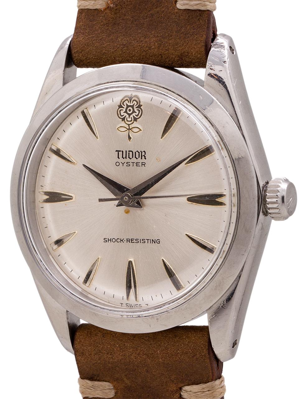 
Tudor stainless steel Oyster manual wind ref 7984 circa 1965. Featuring a 34mm diameter Oyster case with smooth bezel and Rolex screw down crown. Featuring a very pleasing original matte silver dial with oversized raised silver spear shaped