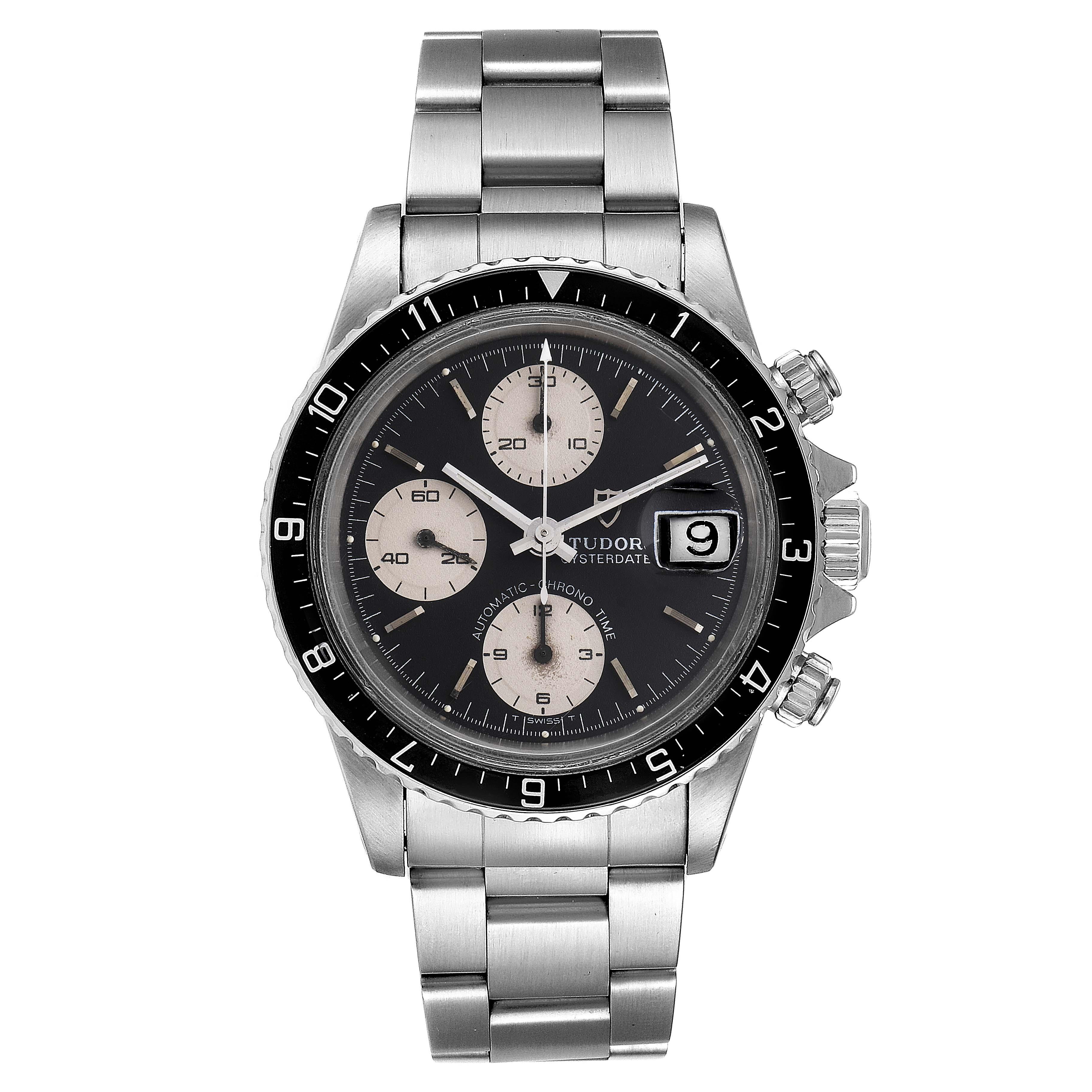 Tudor Oysterdate Big Block Vintage Chronograph Steel Mens Watch 79170. Automatic self-winding movement with chronograph function. Rhodium-plated, straight-line lever escapement, monometallic balance, shock absorber, self-compensating flat balance