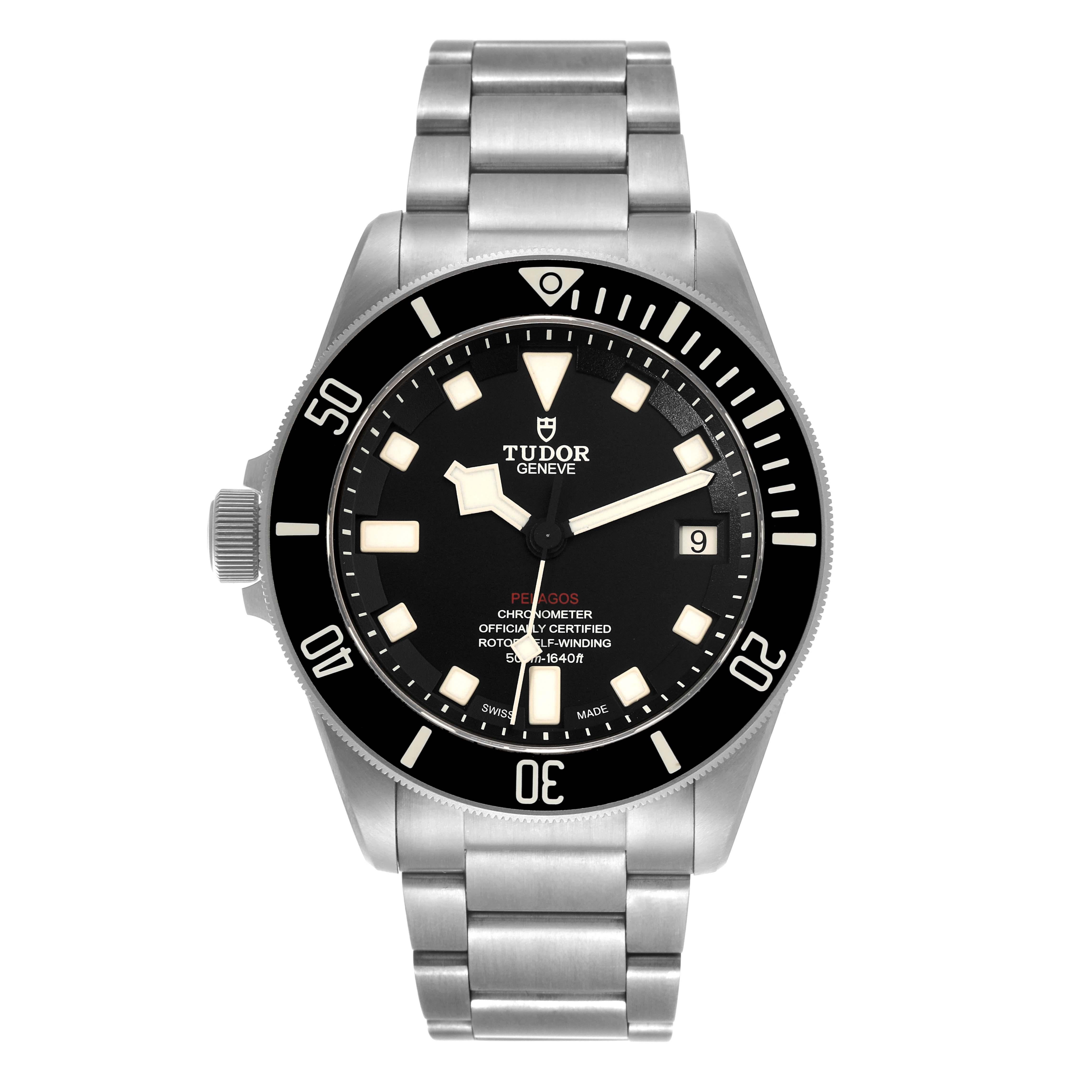 Tudor Pelagos 42mm LHD Titanium Steel Mens Watch 25610 Box Card. Automatic self-winding movement. Titanium and steel case 42 mm in diameter. Tudor logo on a crown. Pointed crown guards. Unidirectional rotating 60 minute graduated bezel with black