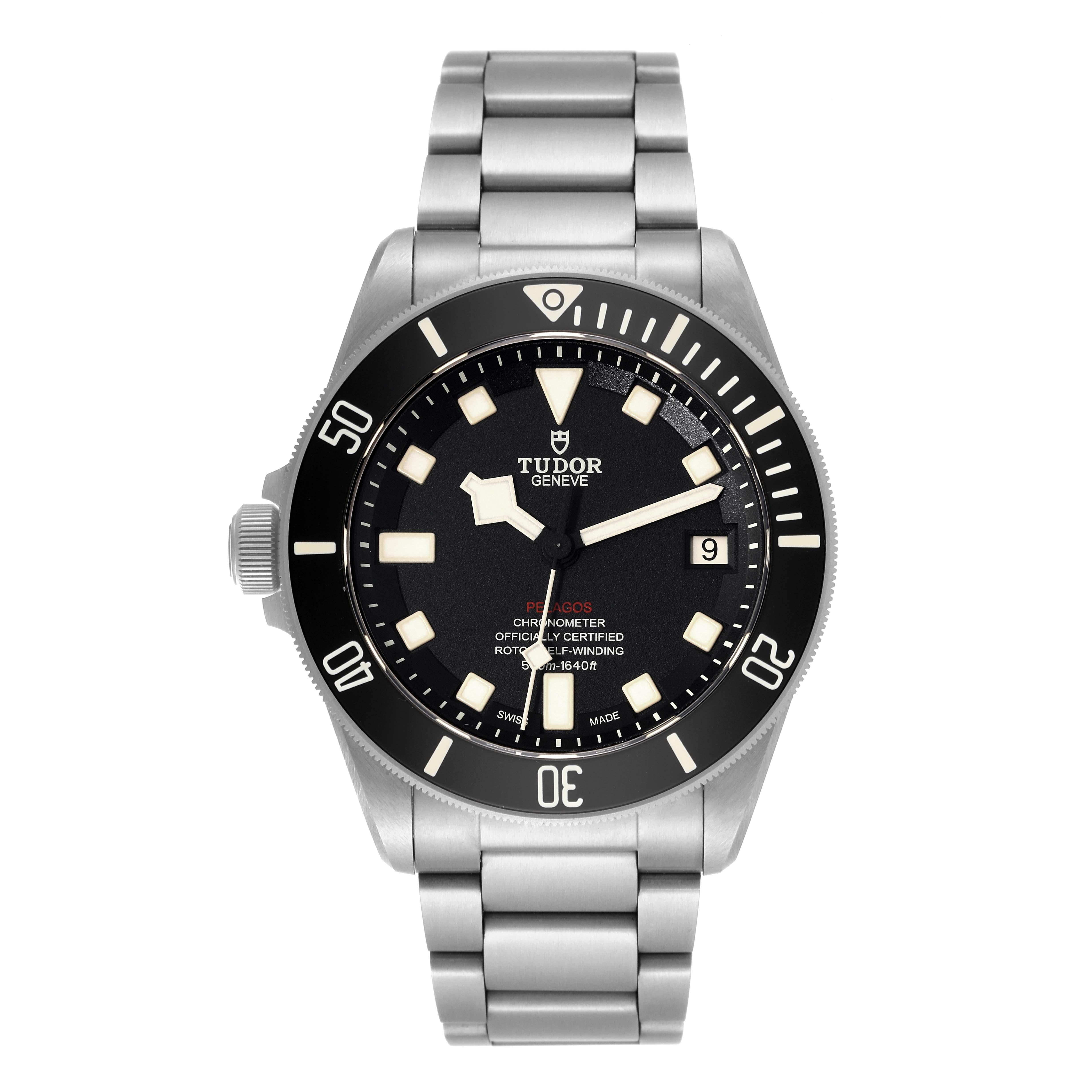 Tudor Pelagos 42mm LHD Titanium Steel Mens Watch 25610 Box Card. Automatic self-winding movement. Titanium and steel case 42 mm in diameter. Tudor logo on a crown. Pointed crown guards. Unidirectional rotating 60 minute graduated bezel with black