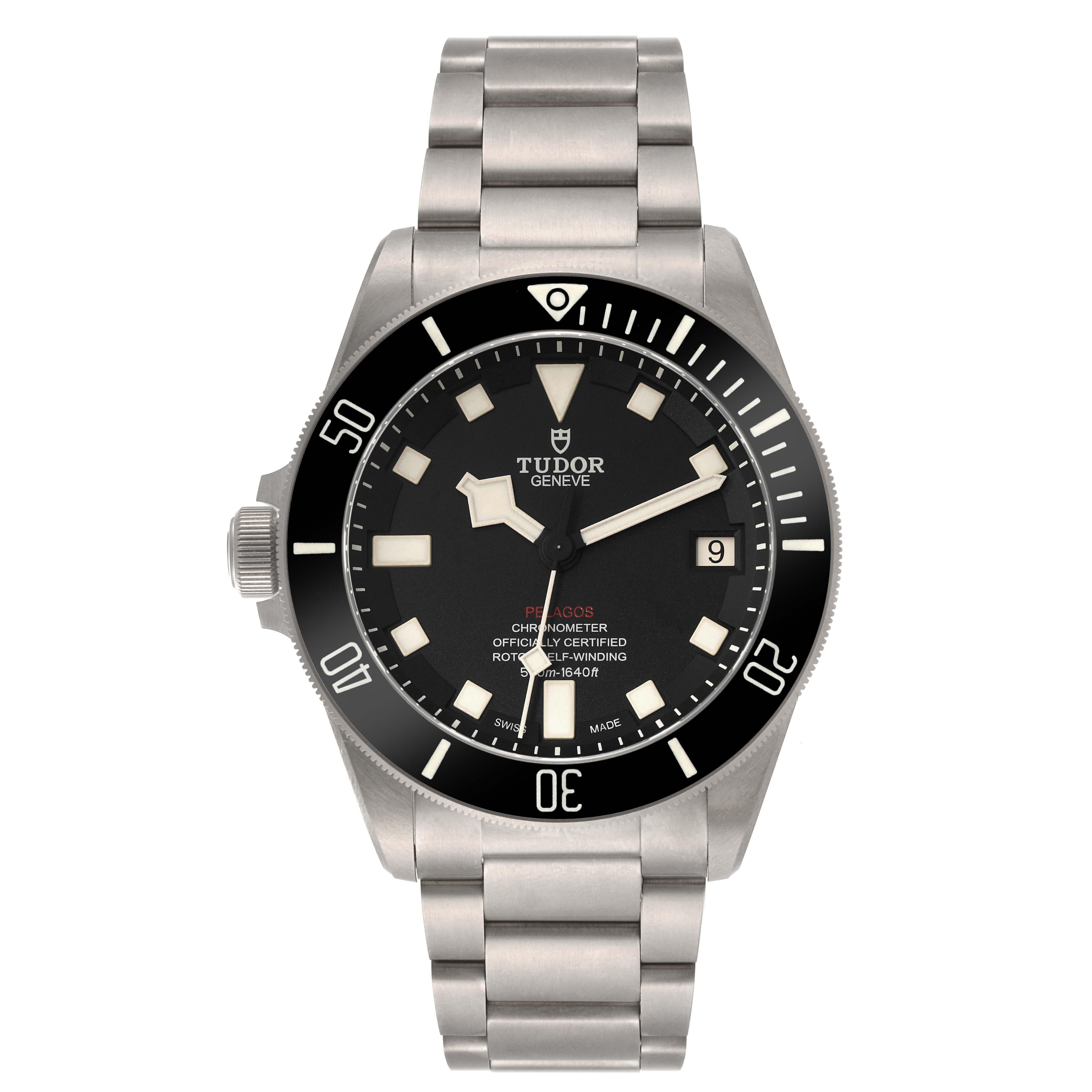 Tudor Pelagos 42mm LHD Titanium Steel Mens Watch 25610 Unworn. Automatic self-winding movement. Titanium and steel case 42 mm in diameter. Tudor logo on a crown. Pointed crown guards. Unidirectional rotating 60 minute graduated bezel with black
