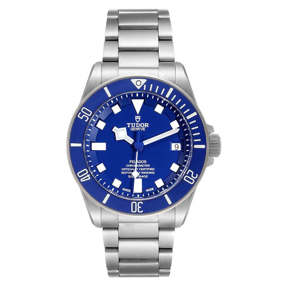 Tudor Pelagos Blue Dial Automatic Titanium Mens Watch 25600 Box Papers. Automatic self-winding movement. Titanium case 42 mm in diameter. Tudor logo on a crown. Pointed crown guards. Unidirectional rotating bezel with blue ceramic disk. Scratch
