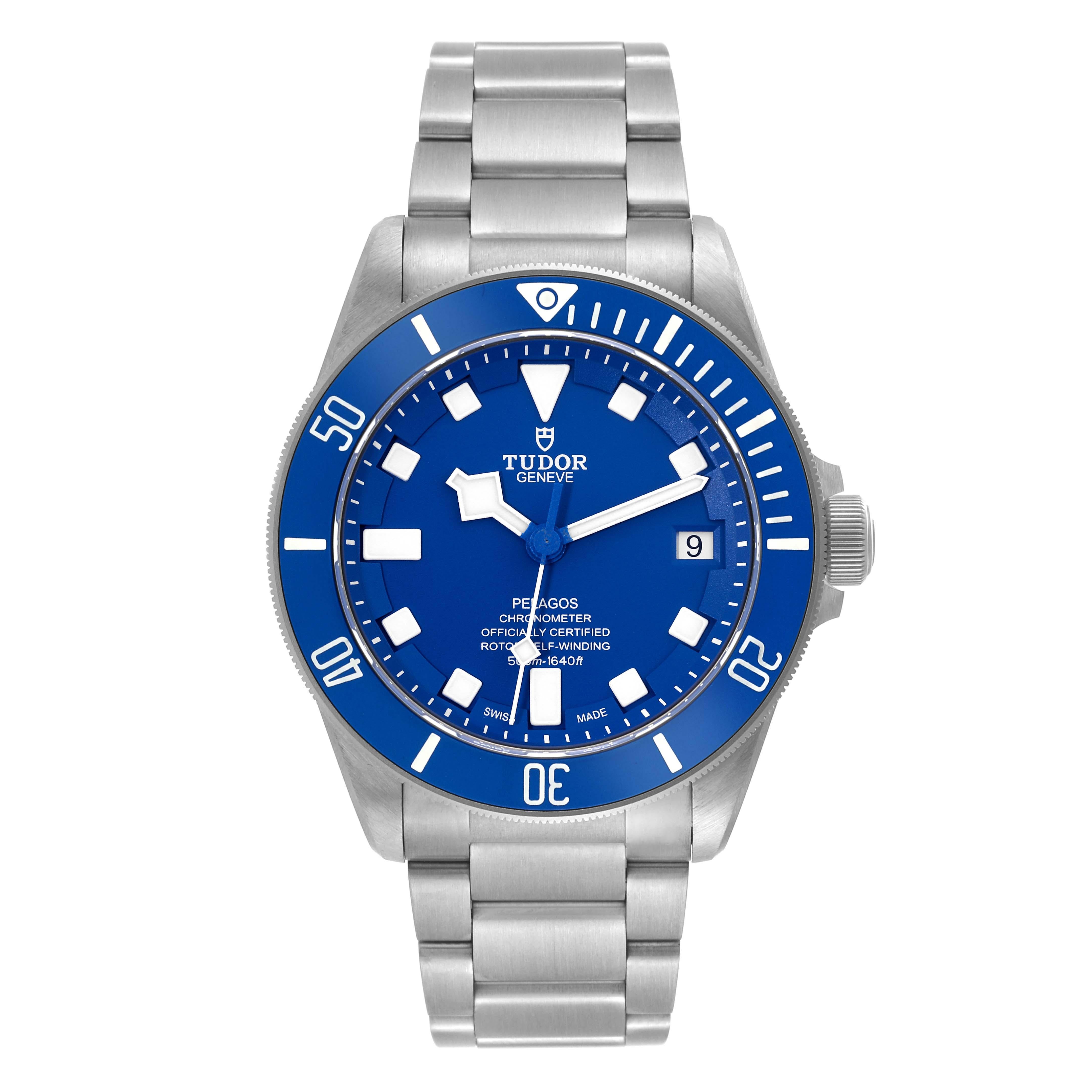 Tudor Pelagos Blue Dial Automatic Titanium Mens Watch 25600TB Box Card. Automatic self-winding movement. Titanium case 42.0 mm in diameter. Tudor logo on a crown. Pointed crown guards. Unidirectional rotating bezel with blue ceramic disk. Scratch