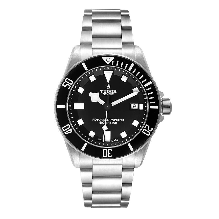 Tudor Pelagos Titanium Steel Black Dial Mens Watch 25500. Automatic self-winding movement. Titanium case 42.0 mm in diameter. Tudor logo on a crown. Pointed crown guards. Unidirectional rotating bezel with black ceramic disc. Scratch resistant
