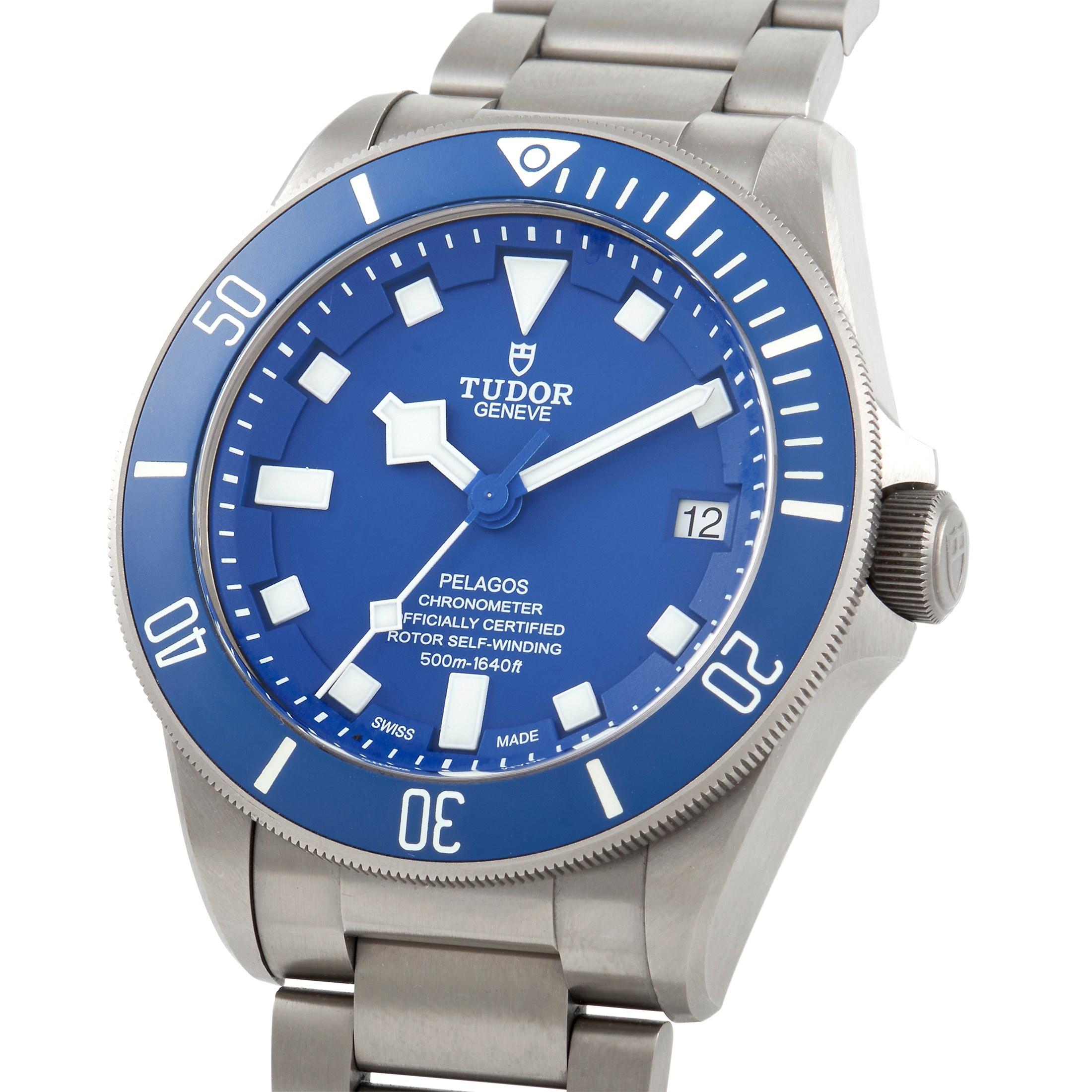 This is the Tudor Pelagos timepiece, reference number M25600TB-0001.

The watch is presented with a titanium case fitted with a unidirectional rotating titanium bezel that features matt blue ceramic disc. The case measures 42 mm in diameter and is