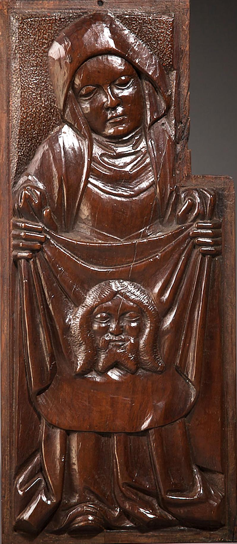 Rare set of four English Tudor Pre Reformation Yew panels, circa 1500-1540.

The four panels carved in high relief depicting St Veronica with the face of Christ, The Annunciation with Lion of Judah, The Virgin and Child and St John with mitre and