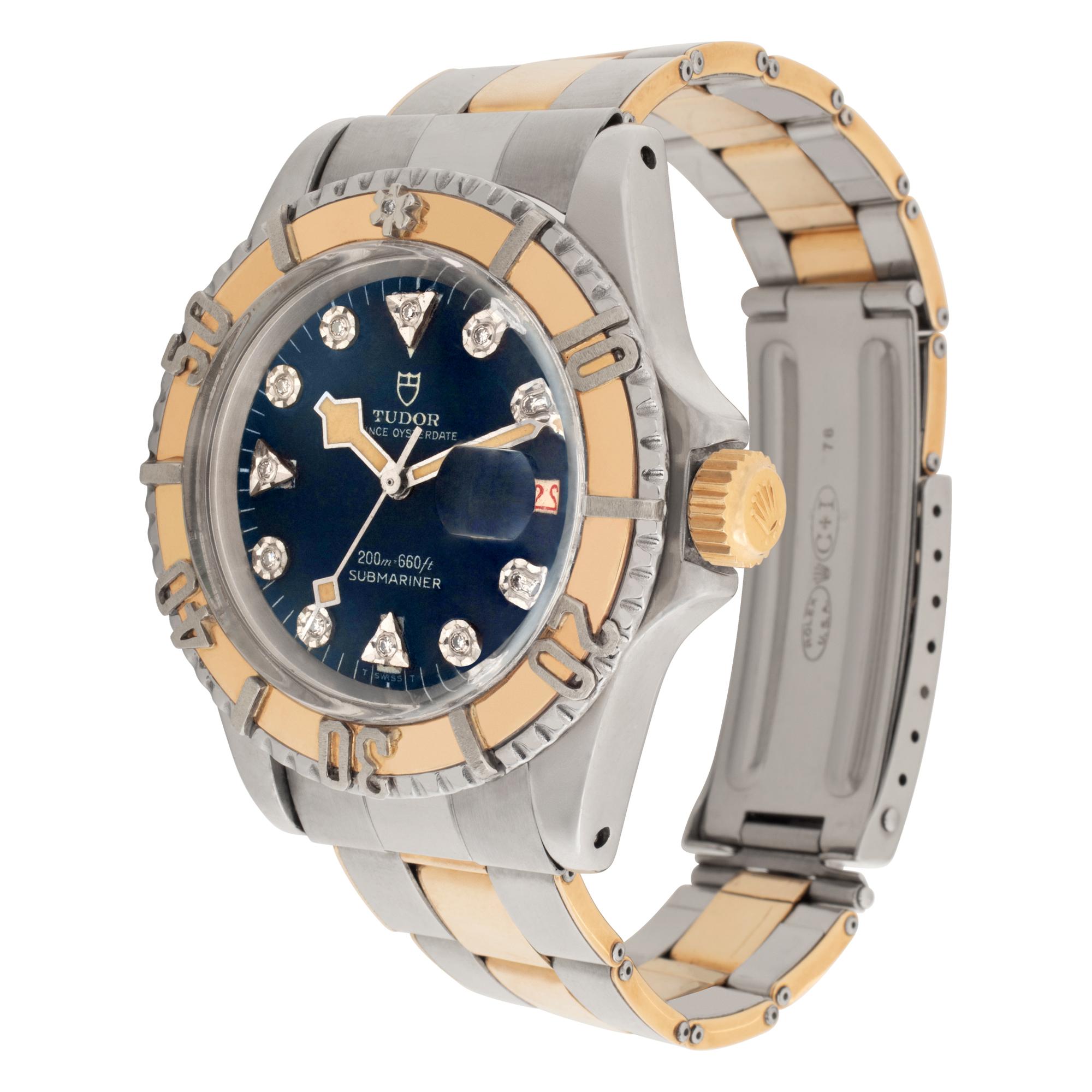 Vintage and rare! Tudor Tuddle Prince Oyster Date Submariner with custom blue diamond dial and revolving custom submariner diving bezel in 14k gold & stainless steel. Rolex oyster 14k gold and stainless steel bracelet 1978. Movement cal. 2484. Auto