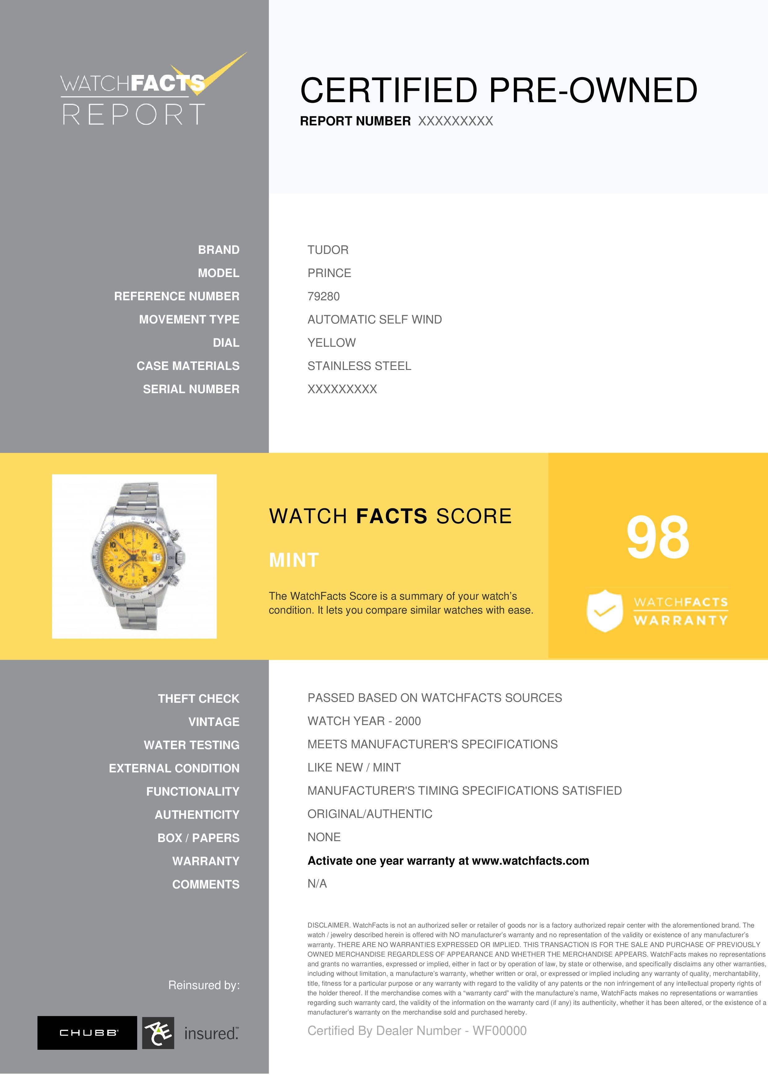 Tudor Prince Reference #: 79280. Mens Automatic Self Wind Watch Stainless Steel Yellow 40 MM. Verified and Certified by WatchFacts. 1 year warranty offered by WatchFacts.
