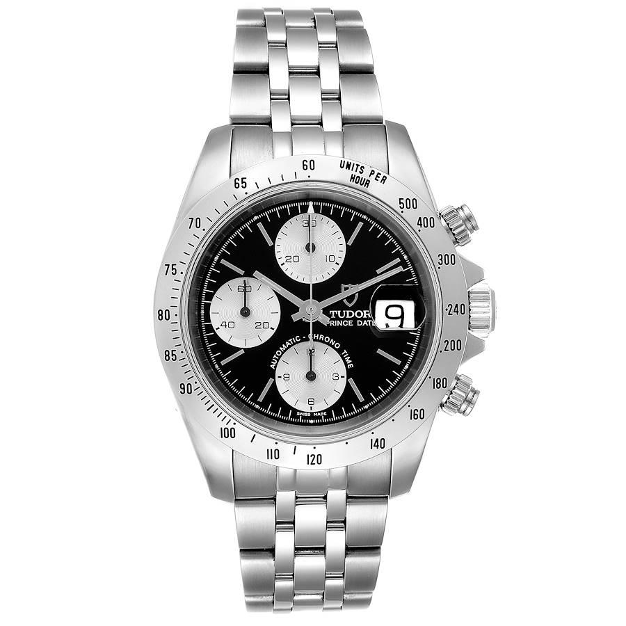 Tudor Prince Black Dial Chronograph Steel Mens Watch 79280. Automatic self-winding movement with chronograph function. Stainless steel oyster case 40.0 mm in diameter. Tudor logo on a crown. Stainless steel tachometer bezel. Scratch resistant