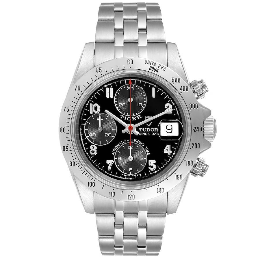 Tudor Prince Black Dial Chronograph Steel Mens Watch 79280. Automatic self-winding movement with chronograph function. Stainless steel oyster case 40.0 mm in diameter. Tudor logo on a crown. Stainless steel tachometer bezel. Scratch resistant