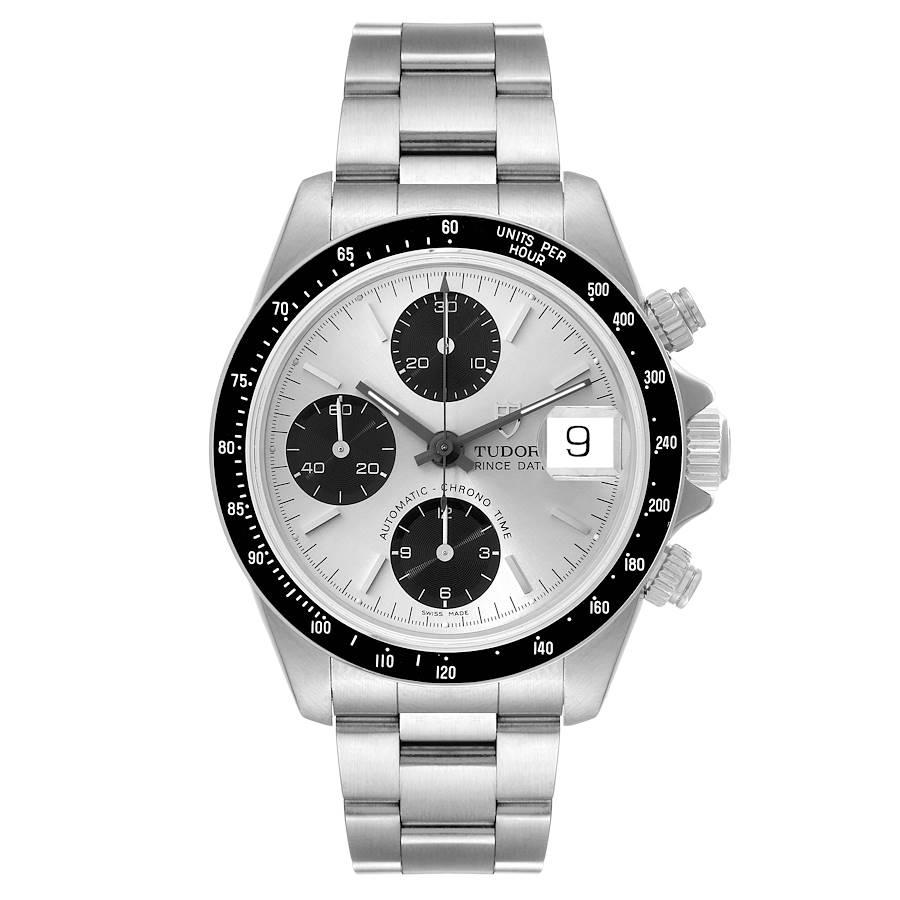 Tudor Prince Chronograph Silbernes Zifferblatt Stahl Herrenuhr 79260. Automatisches Uhrwerk mit Automatikaufzug und Chronographenfunktion. Austerngehäuse aus Edelstahl mit einem Durchmesser von 40,0 mm. Tudor-Logo auf einer Krone. Schwarze
