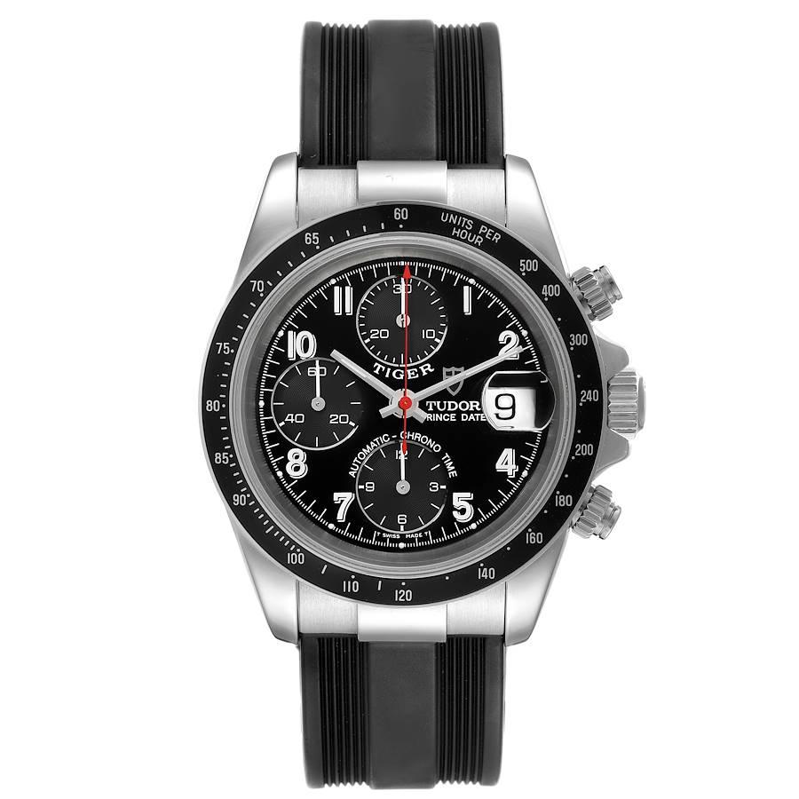 Tudor Prince Date Chronograph Black Dial Steel Mens Watch 79260. Automatic self-winding movement with chronograph function. Stainless steel oyster case 40.0 mm in diameter. Tudor logo on a crown. Black tachymeter bezel. Scratch resistant sapphire