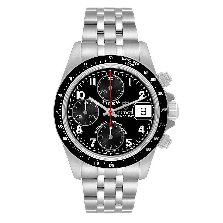 Tudor Prince Date Chronograph Black Dial Steel Mens Watch 79260 Papers. Automatic self-winding movement with chronograph function. Stainless steel oyster case 40.0 mm in diameter. Tudor logo on a crown. Black tachymeter bezel. Scratch resistant