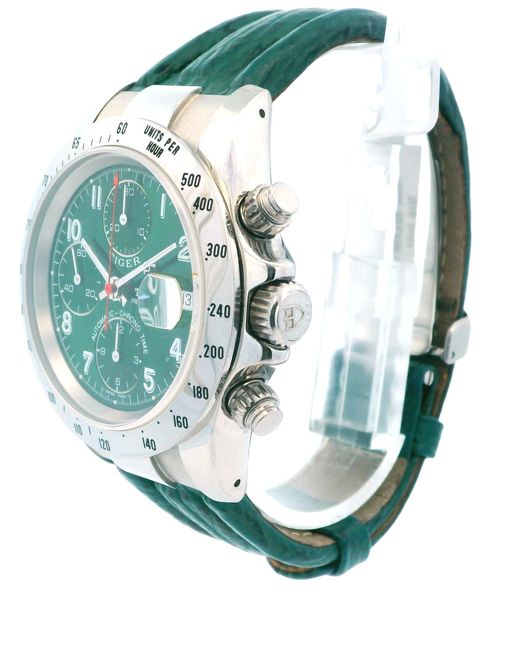 Tudor Prince watch from the year 2000, featuring a round stainless steel case with a snap-back design. It is powered by an automatic movement and showcases a green chronograph dial that includes Arabic numerals and a date indicator. The silver