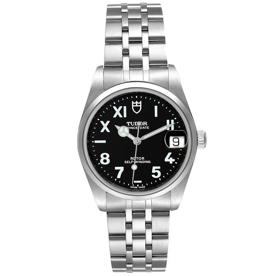 Tudor Prince Date Midsize Black Dial Steel Unisex Watch 72000 Box Papers. Automatisches Uhrwerk mit Selbstaufzug. Rundes Edelstahlgehäuse mit einem Durchmesser von 32,0 mm. Edelstahl Glatte, verdammte Lünette. Kratzfestes Saphirglas. Schwarzes