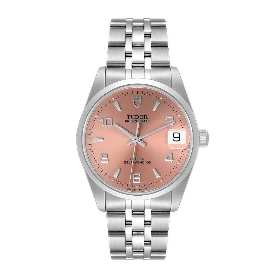 Tudor Prince Date Midsize Salmon Dial Steel Unisex Watch 72000. Automatic self-winding movement. Stainless steel round case 32.0 mm in diameter. Stainless steel Smooth doomed bezel. Scratch resistant sapphire crystal. Salmon dial with raised Arabic