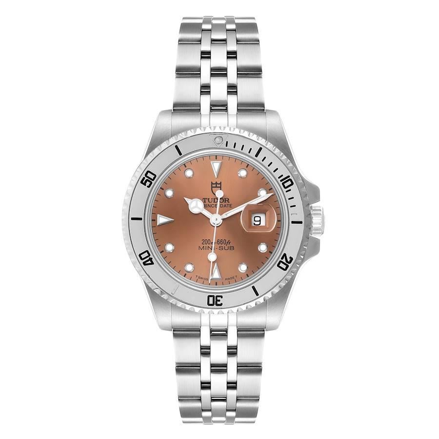 Tudor Prince Date Mini Sub Salmon Dial Steel Mens Watch 73190 Box Papers. Automatic self-winding movement. Stainless steel oyster case 34.0 mm in diameter. Tudor logo on a crown. Stainless steel rotating bezel. Scratch resistant sapphire crystal