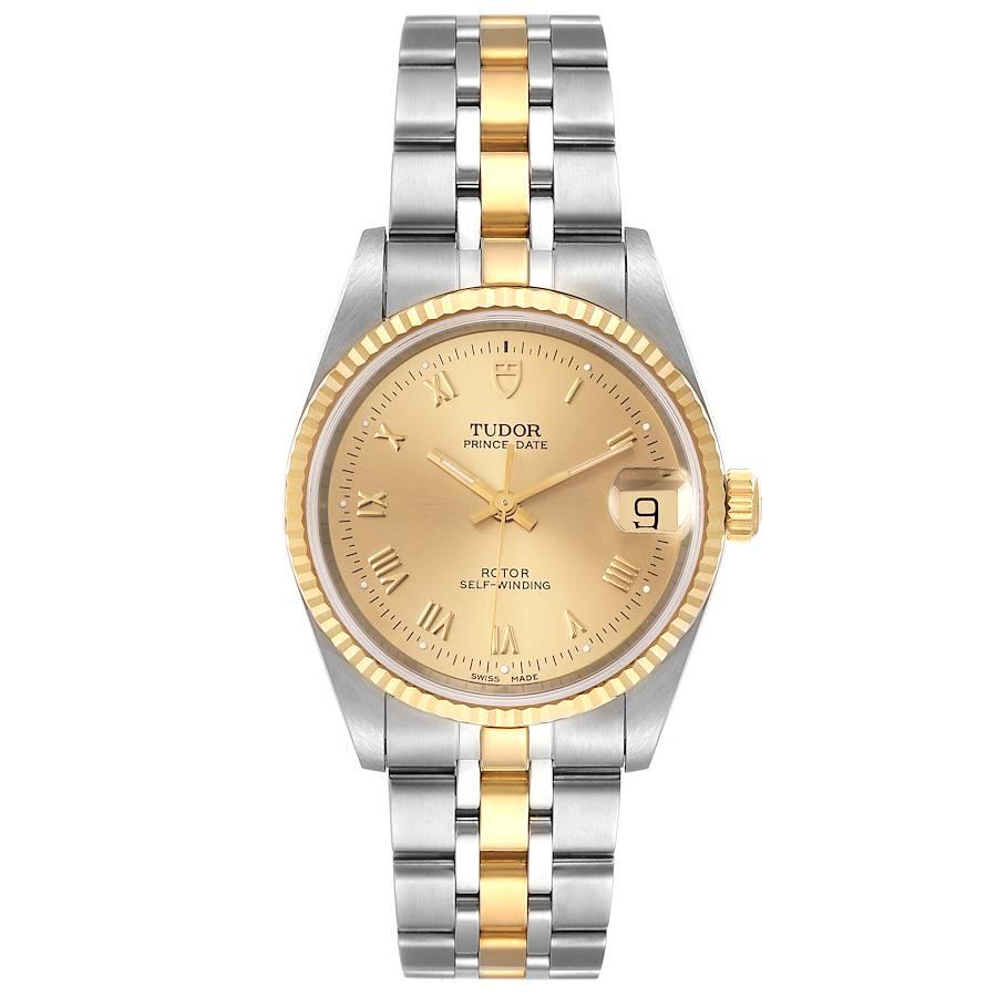 Tudor Prince Date Steel Yellow Gold Champagne Dial Mens Watch 72033 Unworn. Automatic self-winding movement. Stainless steel round case 34.0 mm in diameter. 18k yellow gold fluted bezel. Scratch resistant sapphire crystal. Champagne dial with raised