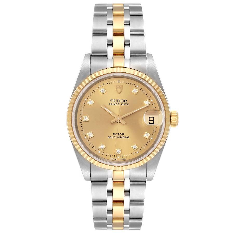 Tudor Prince Date Steel Yellow Gold Diamond Mens Watch 72033 Unworn. Automatic self-winding movement. Stainless steel round case 34.0 mm in diameter. 18k yellow gold fluted bezel. Scratch resistant sapphire crystal. Champagne dial with original