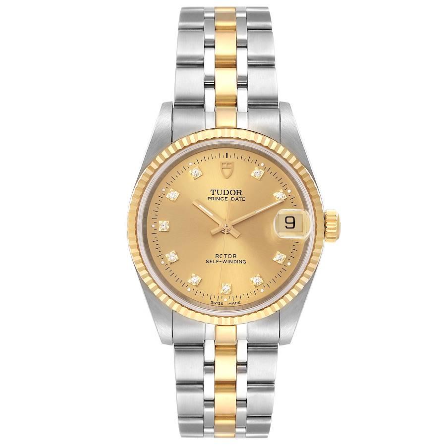 Tudor Prince Date Steel Yellow Gold Diamond Mens Watch 72033 Unworn. Automatic self-winding movement. Stainless steel round case 34.0 mm in diameter. 18k yellow gold fluted bezel. Scratch resistant sapphire crystal. Champagne dial with original