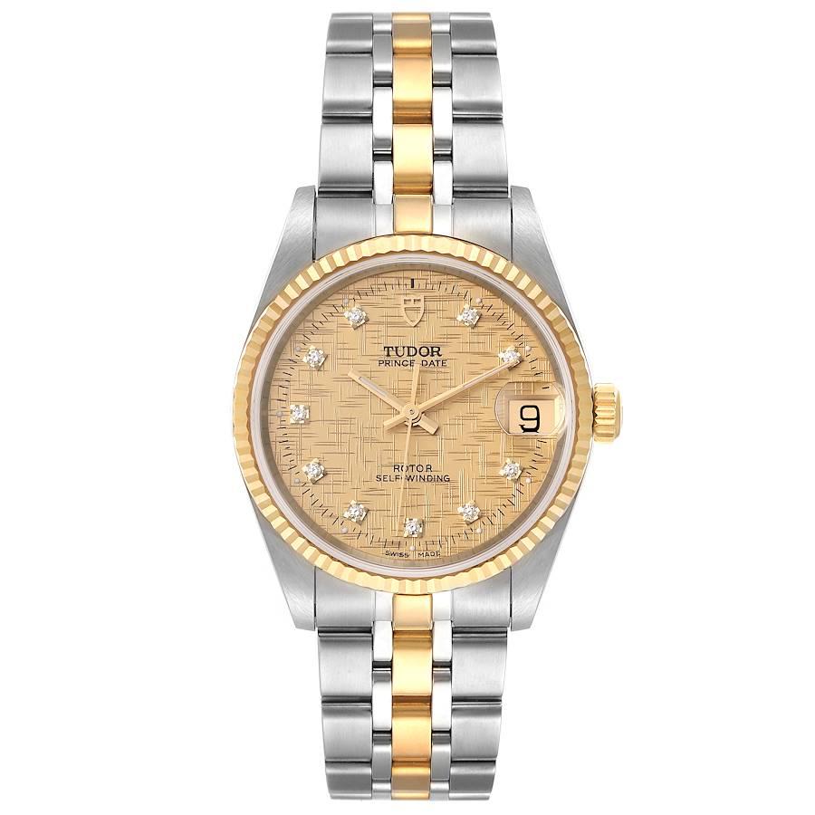 Tudor Prince Date Steel Yellow Gold Diamond Mens Watch 72033 Unworn. Automatic self-winding movement. Stainless steel round case 34.0 mm in diameter. 18k yellow gold fluted bezel. Scratch resistant sapphire crystal. Champagne textured dial with