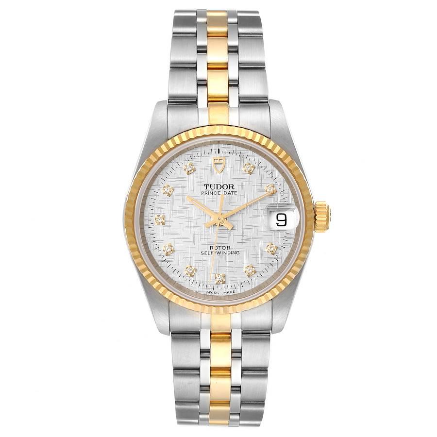 Tudor Prince Date Steel Yellow Gold Diamond Mens Watch 72033 Unworn. Automatic self-winding movement. Stainless steel round case 34.0 mm in diameter. 18k yellow gold fluted bezel. Scratch resistant sapphire crystal. Silver textured dial with