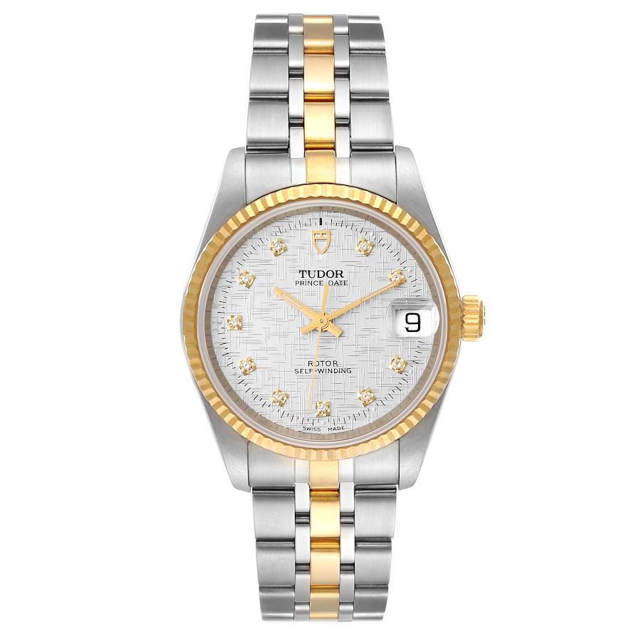 Tudor Prince Date Steel Yellow Gold Diamond Mens Watch 72033 Unworn. Automatic self-winding movement. Stainless steel round case 34.0 mm in diameter. 18k yellow gold fluted bezel. Scratch resistant sapphire crystal. Silver textured dial with