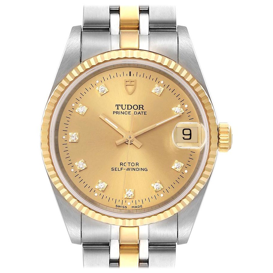 Tudor Prince Date Stahl-Gelbgold-Diamant-Herrenuhr 72033 Ungetragen im Angebot