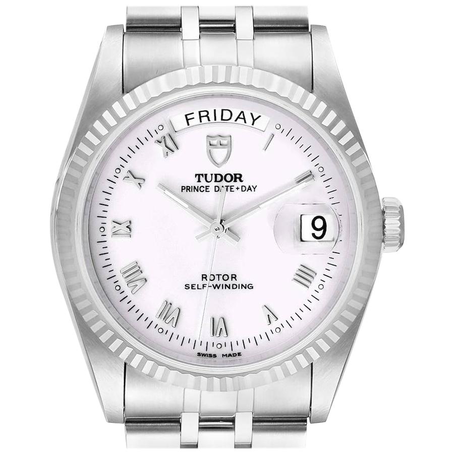 Tudor Prince Day Date White Roman Dial Steel Mens Watch 76214 Box Card For Sale