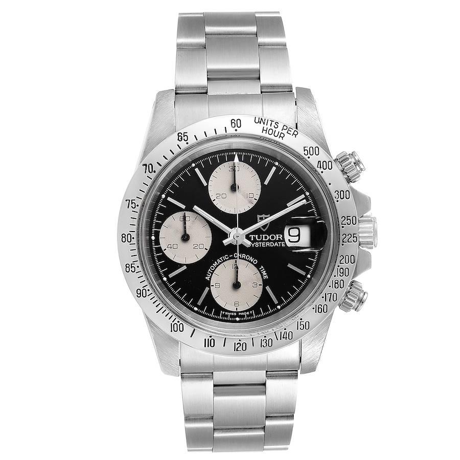 Tudor Prince Oysterdate Black Dial Chronograph Mens Watch 79180. Automatic self-winding movement with chronograph function. Stainless steel oyster case 40.0 mm in diameter. Tudor logo on a crown. Stainless steel tachometer bezel. Acrylic crystal