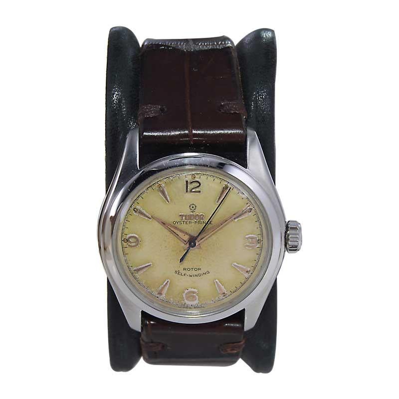 FACTORY / HOUSE: Tudor Watch Company 
STYLE / REFERENCE: Oyster Prince / Reference 7808
METAL / MATERIAL: Stainless Steel
CIRCA / YEAR: 1954
DIMENSIONS / SIZE: 39mm x 34mm
MOVEMENT / CALIBER: Automatic Winding / 17 Jewels 
DIAL / HANDS: Original