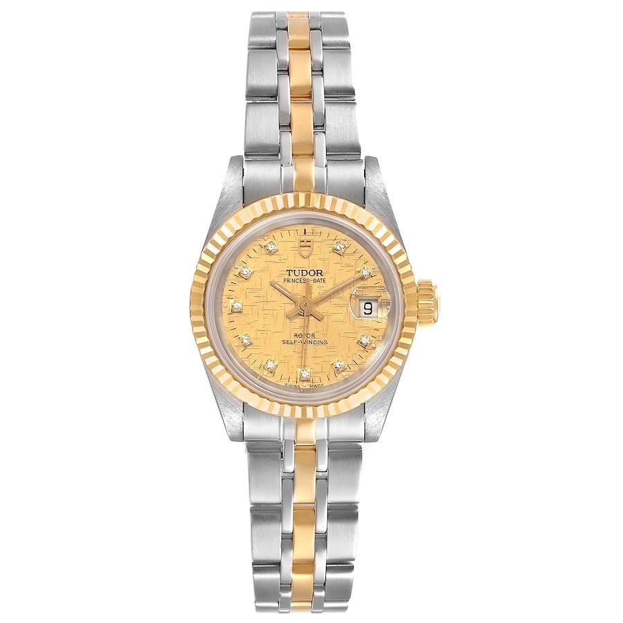 Tudor Princess Date Steel Yellow Gold Diamond Ladies Watch 225033 Papers. Officially certified chronometer self-winding movement. Stainless steel case 25.0 mm in diameter. Tudor logo on a crown. 18k yellow gold fluted bezel. Scratch resistant