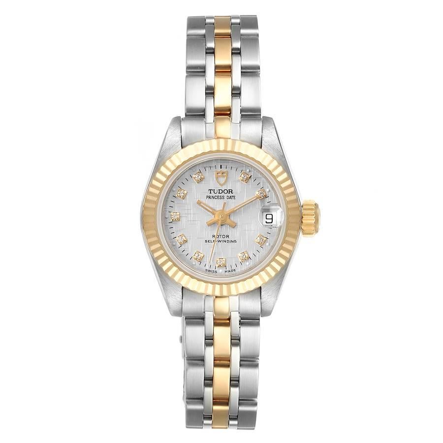 Tudor Princess Date Steel Yellow Gold Silver Diamond Dial Watch 92513. Officially certified chronometer self-winding movement. Stainless steel case 23.0 mm in diameter. Tudor logo on a crown. 18k yellow gold fluted bezel. Scratch resistant sapphire