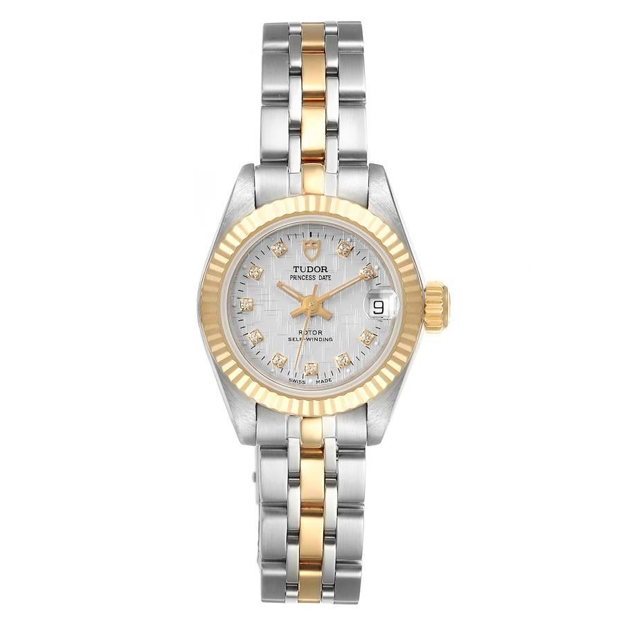 Tudor Princess Date Stahl Gelbgold Silber Diamant Zifferblatt Uhr 92513. Offiziell zertifiziertes Chronometerwerk mit automatischem Aufzug. Gehäuse aus rostfreiem Stahl mit einem Durchmesser von 23,0 mm. Tudor-Logo auf einer Krone. geriffelte