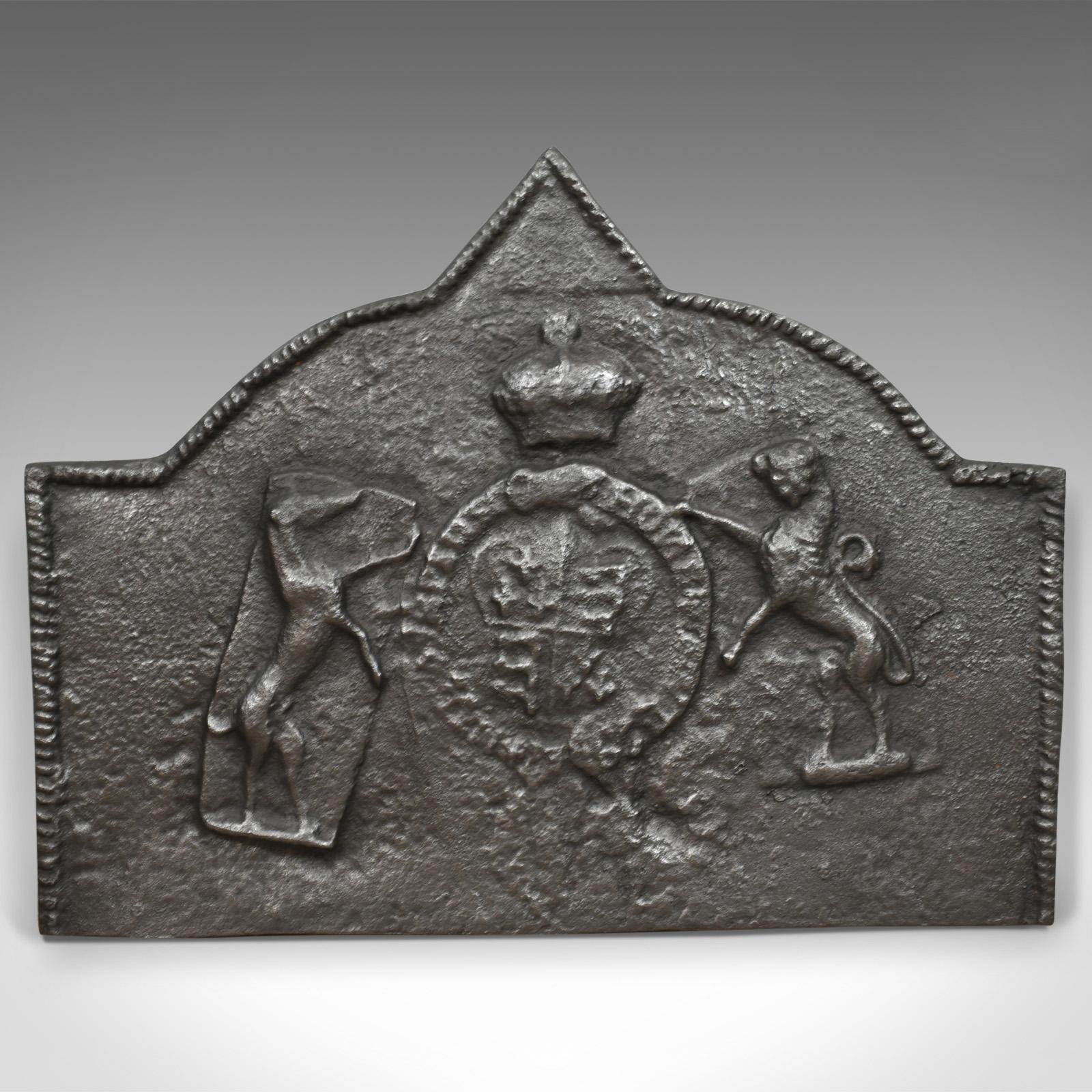 19th Century Tudor Revival Cast Iron Fire Back, Royal Crest, Lion, Greyhound, Victorian