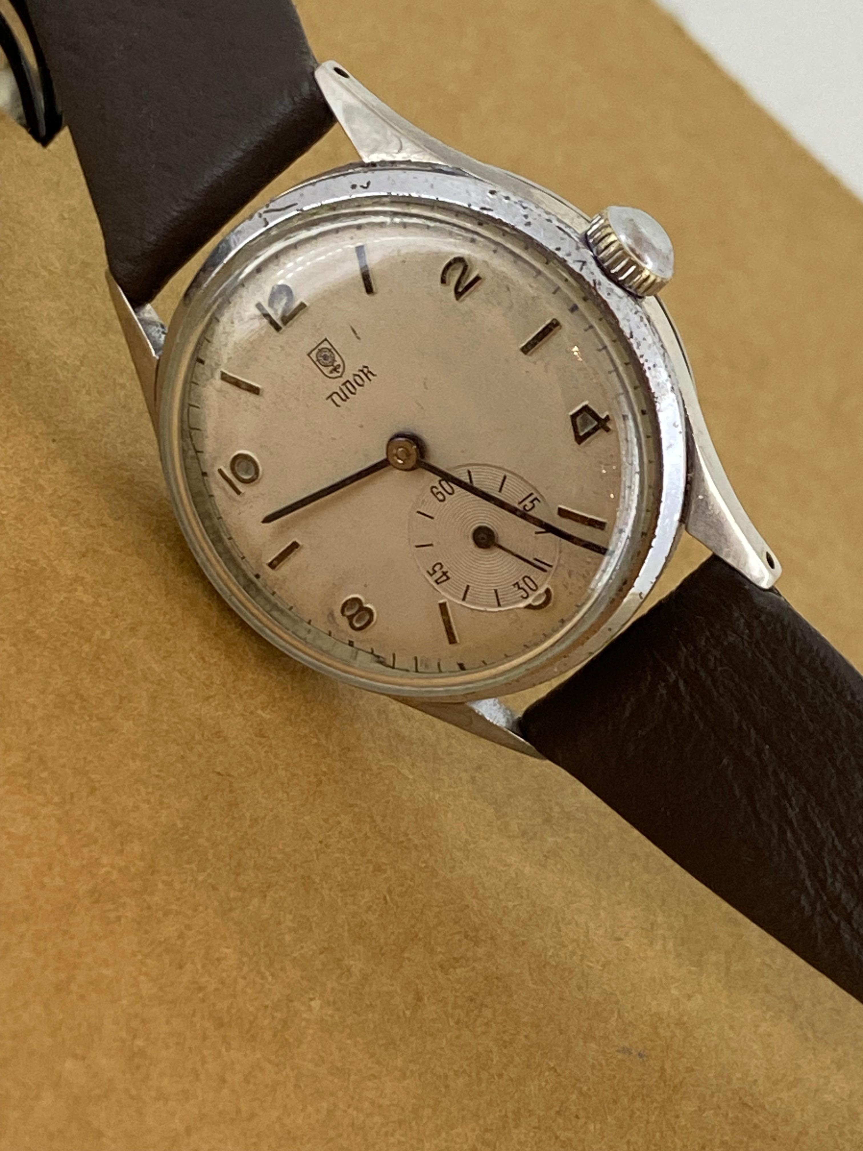 Retro Tudor Rolex Rose Logo Radial Arabic Numerals c1960's 30mm Manual Mens' Watch For Sale