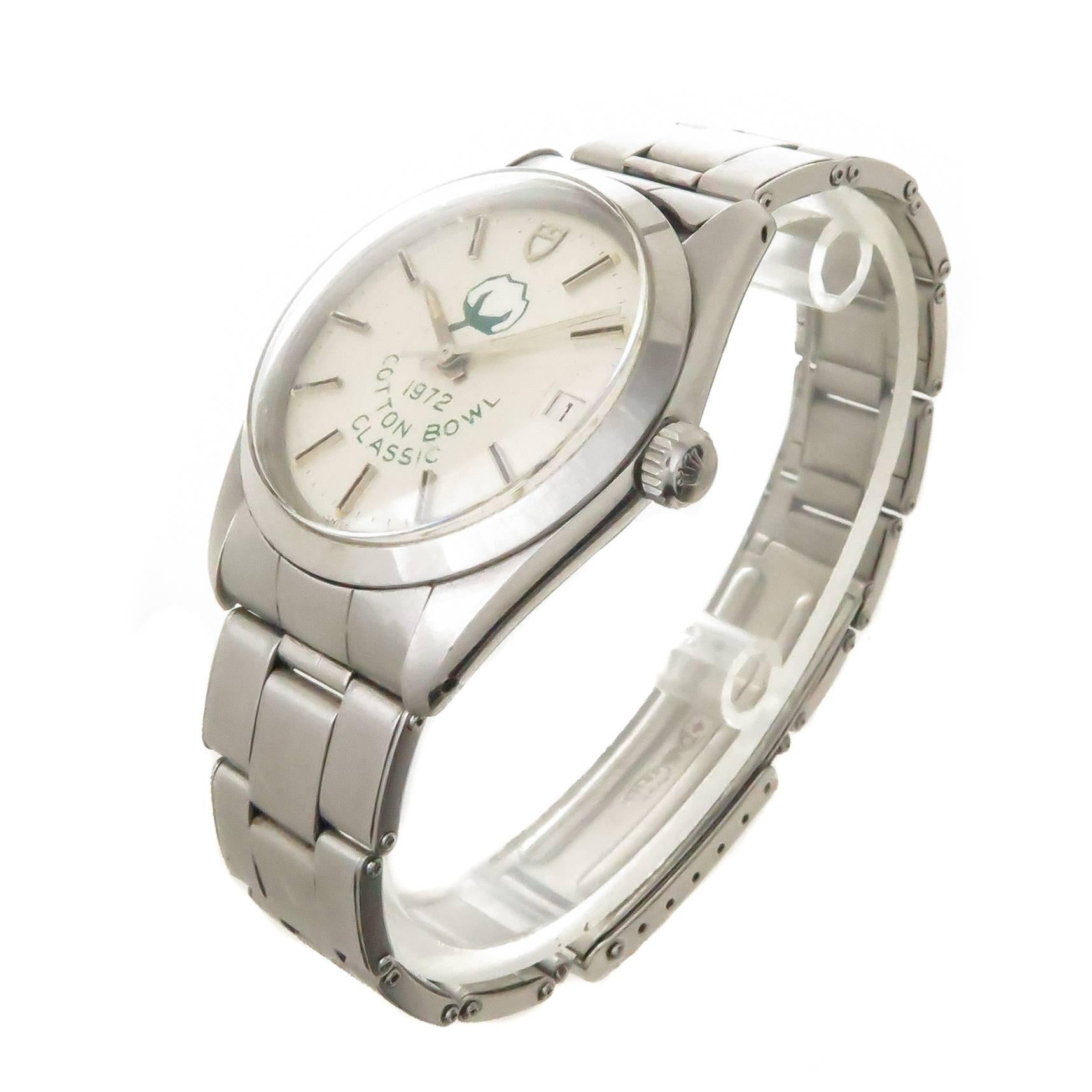 Tudor By Rolex 1972 Oyster Prince model, Cotton Bowl Classic Wrist Watch. 34 MM Stainless Steel Water Proof Case 25 jewel Automatic, self winding movement. Acrylic crystal, Date window at the 3 position. Silvered dial with raised markers. Steel