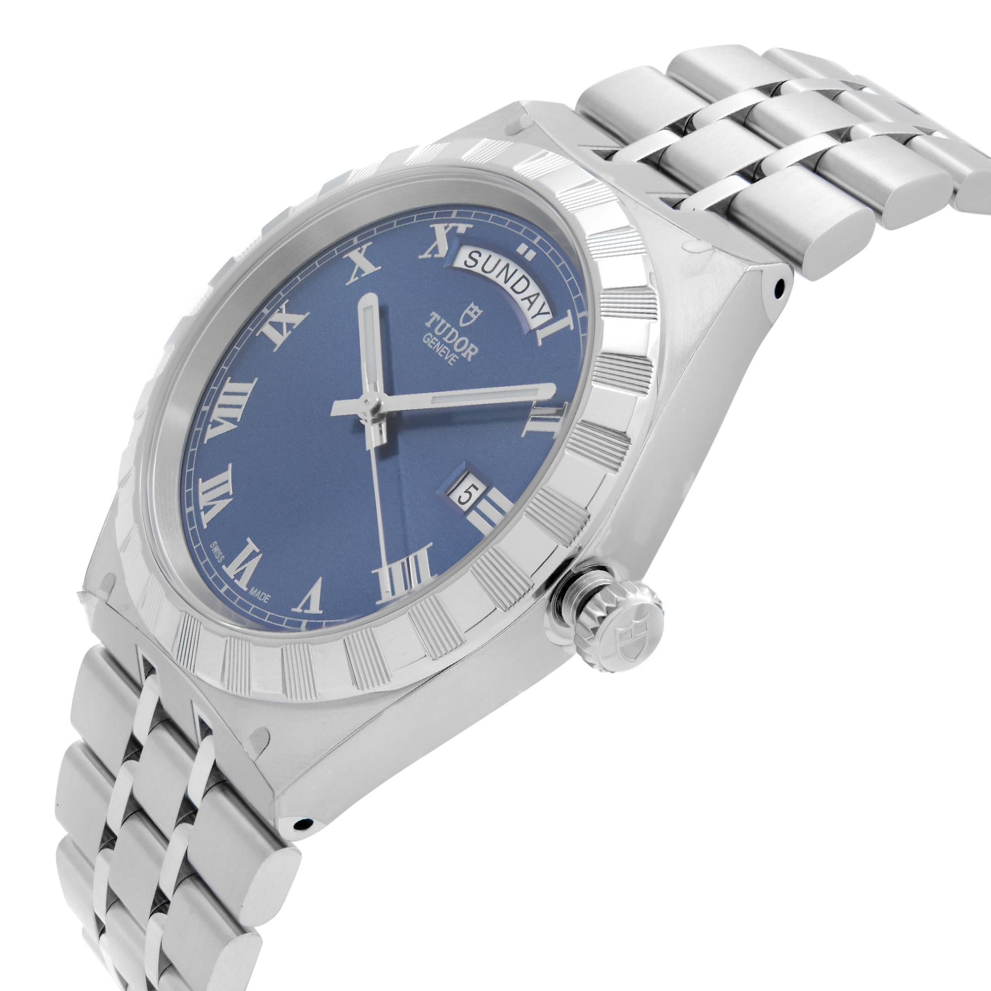 Brand New Dated June 2021. Tudor Royal 41 mm Steel Day-Date Blue Dial Automatic Men's Watch M28600-0005. This Beautiful Timepiece Features: Stainless Steel Case with a 316L Steel Bracelet, Fixed 316L Steel Notched Bezel. Blue Dial with Luminous