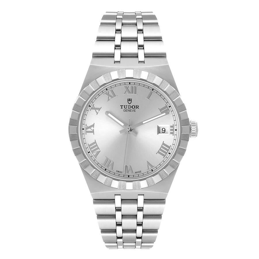 Tudor Royal Steel Silver Roman Dial Mens Watch M28500. Automatic self-winding movement. Stainless steel round case 38.0 mm in diameter. Stainless steel engine turned bezel. Scratch resistant sapphire crystal. Silver dial with raised roman numerals