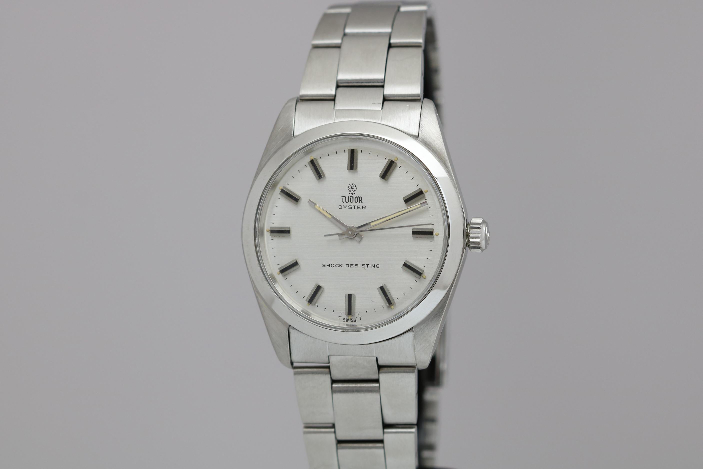 Tudor Shock Resisting Ref 7991/0 in stainless steel with silver dial and Tudor Rose logo. Comes on a Rolex oyster foldover link bracelet circa 1965