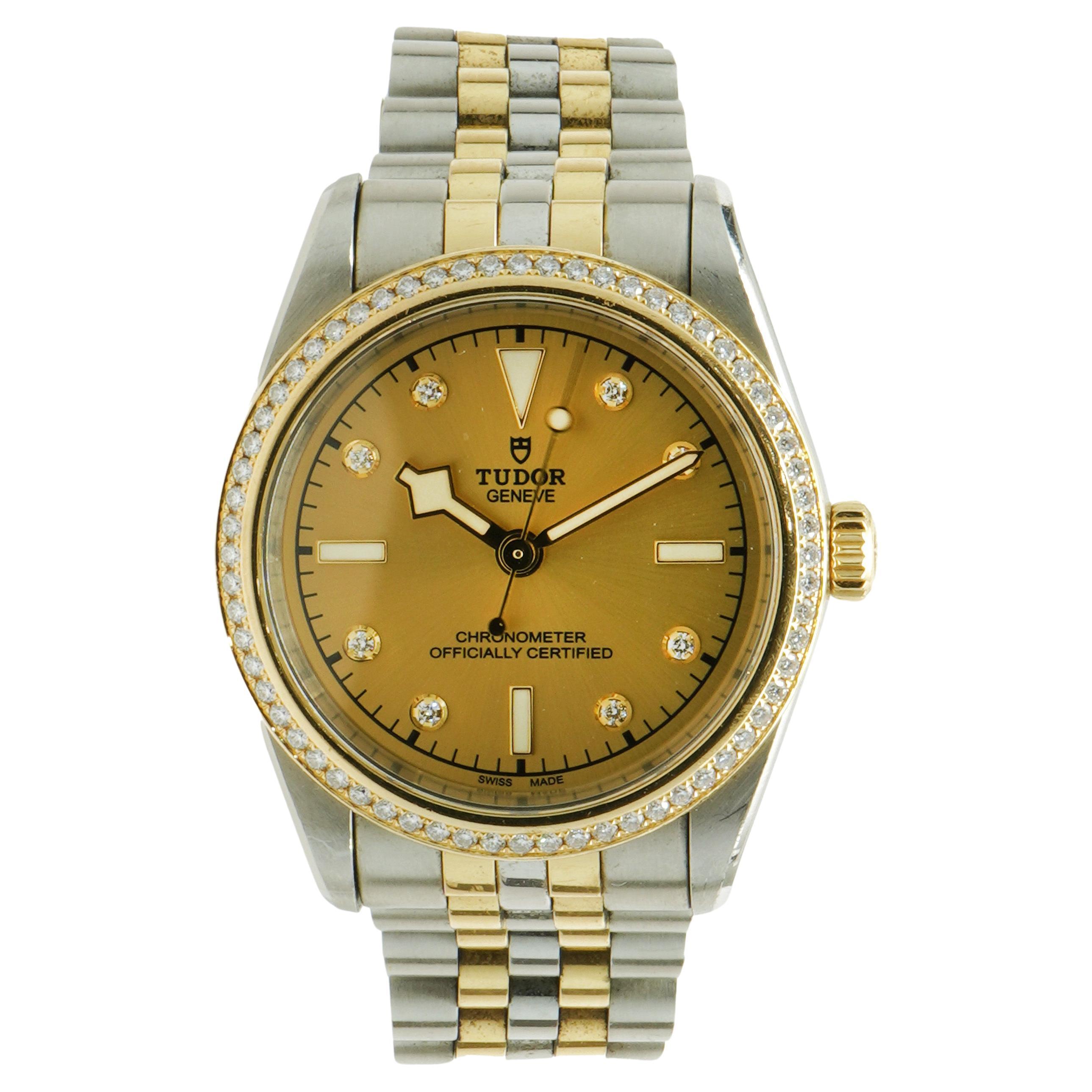 Tudor Stainless Steel & 18 Karat Yellow Gold Diamond Chronometer For Sale