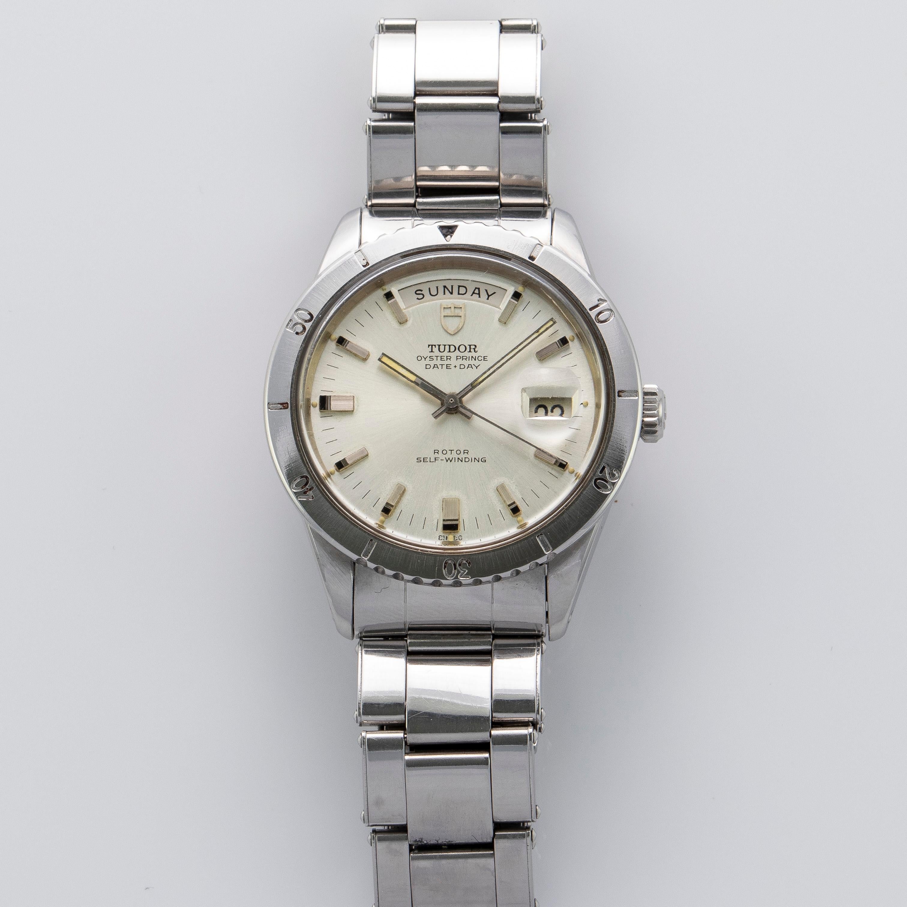 Tudor Stainless Steel Oyster Prince Date Day Automatic Watch
Factory Silver Decorated Dial Dial with Applied Silver Markers and Date and Day Functions
Stainless Steel Rotating Bezel
39mm Case 
Tudor Automatic Self-Winding Movement with Date and Day