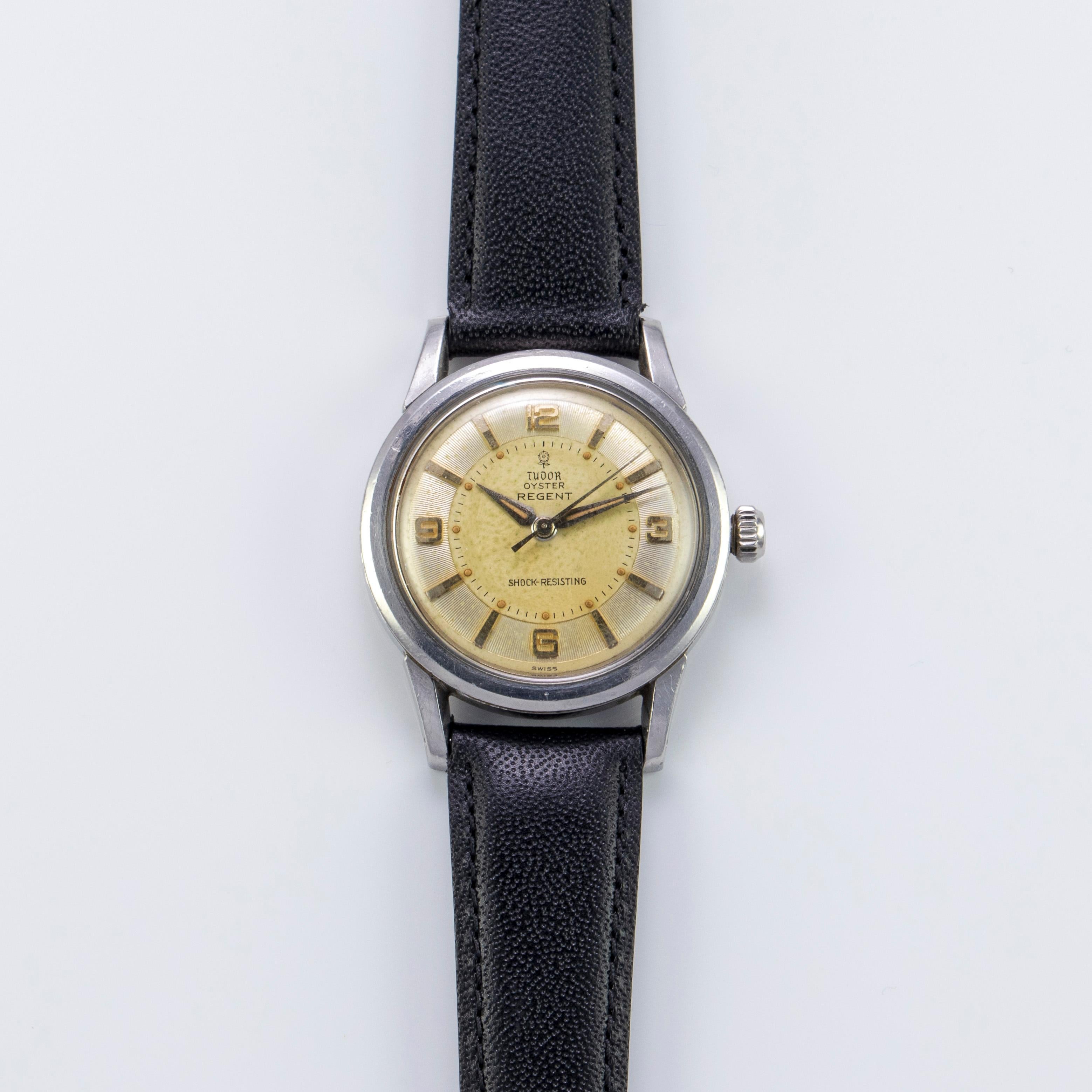 Tudor Stainless Steel Oyster Regent Manual Wind Wristwatch
Factory Silver Decorated Dial with Arabic Numerals and Beautiful Luminous Plots with Patina
Stainless Steel Smooth Bezel
 34mm Case 
Tudor Manual Wind Movement
Acrylic Crystal
Early 1960s